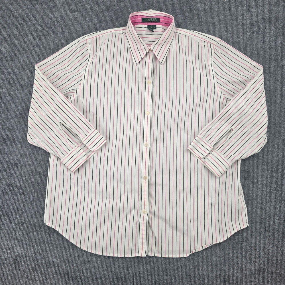 Lauren Ralph Lauren Womens XL Pink Black Striped Cotton Button Down Shirt